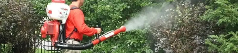 Mosquito control technician fogging shrubs and landscaping for mosquito treatment in Provo, UT