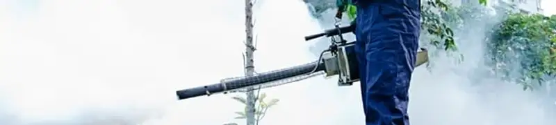 Pest control technician fogging an outdoor area for insect control in Provo, UT