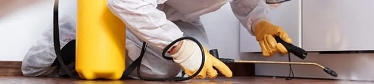 Roach exterminator treating cracks and crevices along kitchen baseboards in Provo, UT